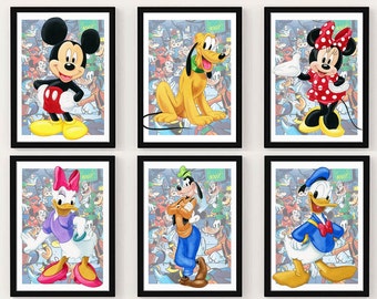 Set Mickey and friend download print, mickey mouse watercolor art poster for kids room wall decor