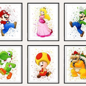 Set 6 super mario download print, mario watercolor art poster for kids room wall decor