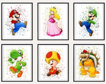 May include: Set of six watercolor prints featuring characters from the Super Mario Bros. video game franchise. The prints feature Mario, Luigi, Princess Peach, Yoshi, Toad, and Bowser. Each print has a colorful watercolor background with splatters of paint.