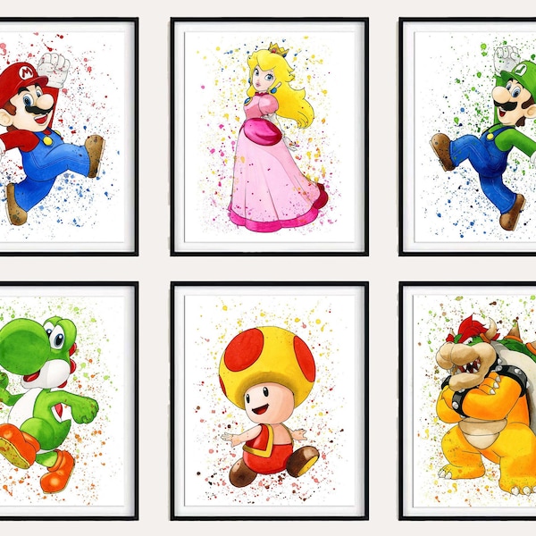 Set 6 super mario download print, mario watercolor art poster for kids room wall decor