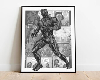 Black Panther downloadprint, digitale superheldenposter, afdrukbare superheldenkunst voor kinderkamer, kleurloze print