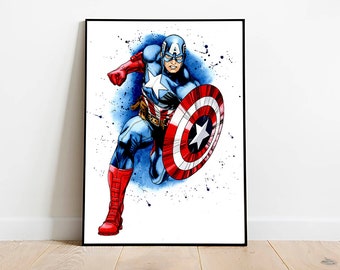 Captain America download print, digital superhero poster, printable superhero art for nursery, watercolor superhero print