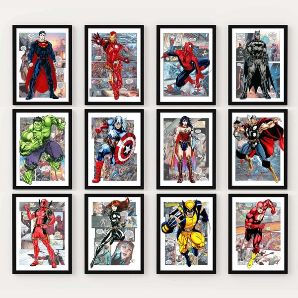 Set 12 superhero download print, digital superhero poster, printable superhero art for nursery