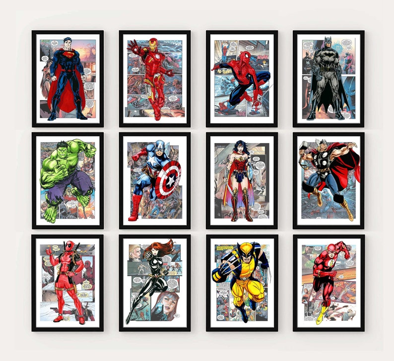 May include: A collage of 12 framed comic book covers featuring various superheroes, including Superman, Iron Man, Spider-Man, Batman, Hulk, Captain America, Wonder Woman, Thor, Deadpool, Black Widow, Wolverine, and The Flash.