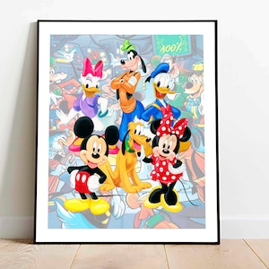 Mickey en vriend downloadprint, mickey mouse aquarel kunstposter voor kinderkamer wanddecoratie