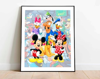Impressão de download de Mickey e amigo, pôster de arte em aquarela de Mickey Mouse para decoração de parede de quarto de criança