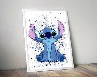 Stitch download print, stirch watercolor art poster for kids room wall decor