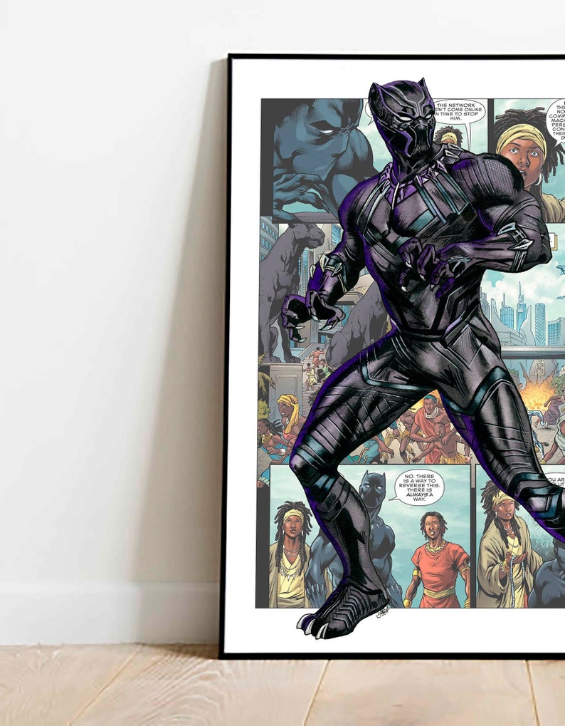 May include: Black Panther, a superhero in a black suit, stands in a comic book panel. He is surrounded by other characters, including a woman with dreadlocks and a man in a red shirt. The text in the panel reads "THE NETWORK COME ONLINE IN TIME TO STOP... NO. THERE IS A WAY TO REVERSE THIS. THERE IS ALWAYS A WAY."
