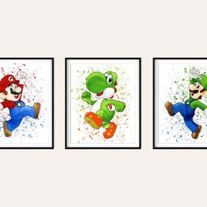 Set 3 super mario download print, mario watercolor art poster for kids room wall decor