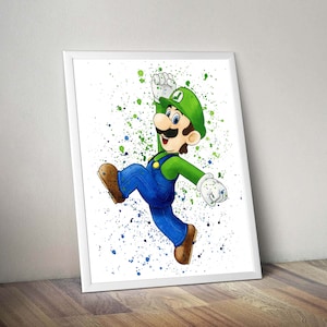 Super mario download print, luigi watercolor art poster for kids room wall decor