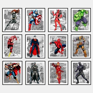 Set 12 impresión de descarga de superhéroes, cartel de superhéroe digital de fondo blanco y negro, arte de superhéroe imprimible marvel hero avengers print