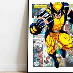 May include: A comic book illustration of Wolverine, a superhero with sharp claws, in a yellow and blue costume. The image is set against a background of other comic book panels.