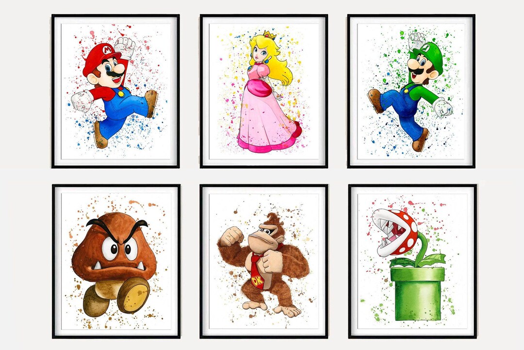 Set 6 Super Mario Download Print, Mario Watercolor Art Poster for Kids ...