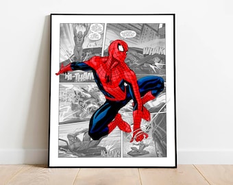Spiderman download print, black and white background digital superhero poster, printable superhero art for nursery