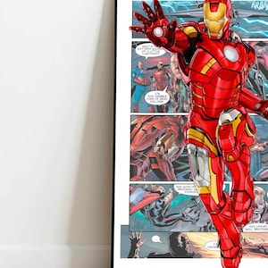 May include: A comic book panel featuring Iron Man in a red and gold suit flying through the air. The text in the panel reads "What's mattere soares of a little lightning", "Not overly ford of what follous", "You give up brother in poison", "You listen well. Brocrer", and "I'm listen".