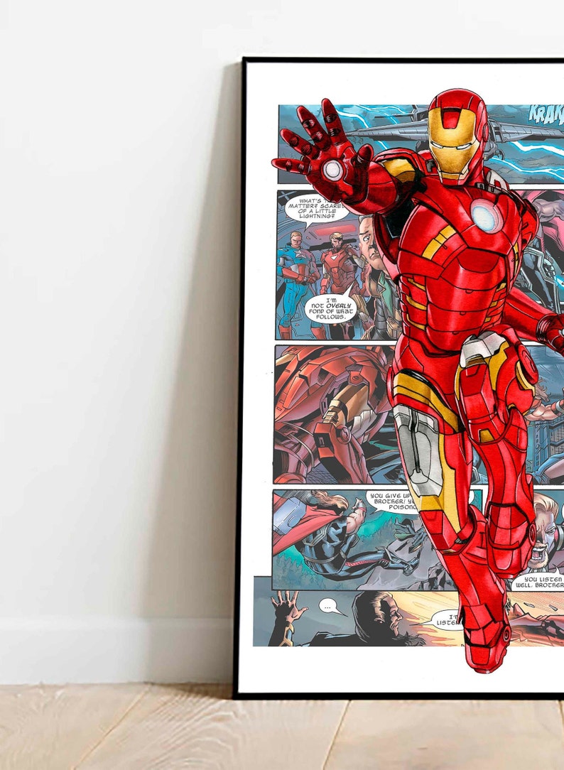 May include: A comic book panel featuring Iron Man in a red and gold suit flying through the air. The text in the panel reads "What's mattere soares of a little lightning", "Not overly ford of what follous", "You give up brother in poison", "You listen well. Brocrer", and "I'm listen".