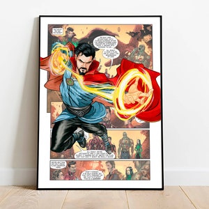 Puede incluir: Un panel de c&oacute;mic con Doctor Strange, un superh&eacute;roe con un traje azul y rojo, lanzando un hechizo con un c&iacute;rculo amarillo brillante. El panel est&aacute; lleno de otros superh&eacute;roes, incluidos Iron Man, Thor y Captain America. El texto en el panel dice "We just got one advantage - my  thunderbolt  character  is  stronger  than  yours.  How  about  we  all  agree  to  let  the  plan  come  to  us."