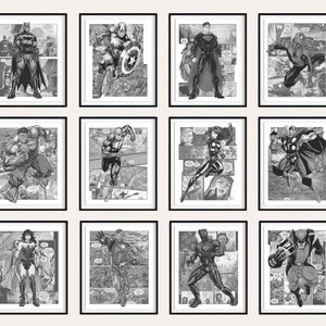 Set 12 superhero download print, digital superhero poster, printable superhero art for nursery hero print, black and white superhero print