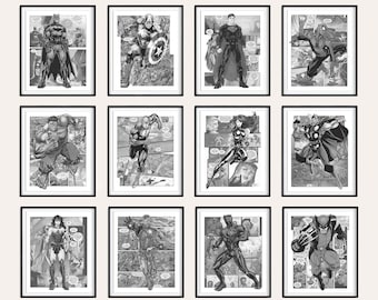 Set 12 superhero download print, digital superhero poster, printable superhero art for nursery hero print, black and white superhero print