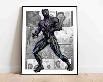 Black Panther download print, zwart-witte achtergrond digitale superheld poster, afdrukbare superheld kunst voor kinderkamer