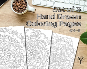 Intricate Hand Drawn Coloring Pages | 3 Page Set | Instant Digital Download | Stress Relief