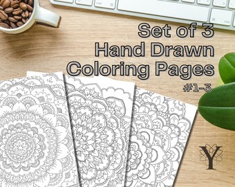 Intricate Hand Drawn Coloring Pages | 3 Page Set | Instant Digital Download | Stress Relief