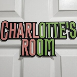 May include: A wooden sign reading "CHARLOTTE'S ROOM". The letters are in pink and green with black outlines, mounted on a white door. The sign is a decorative item.