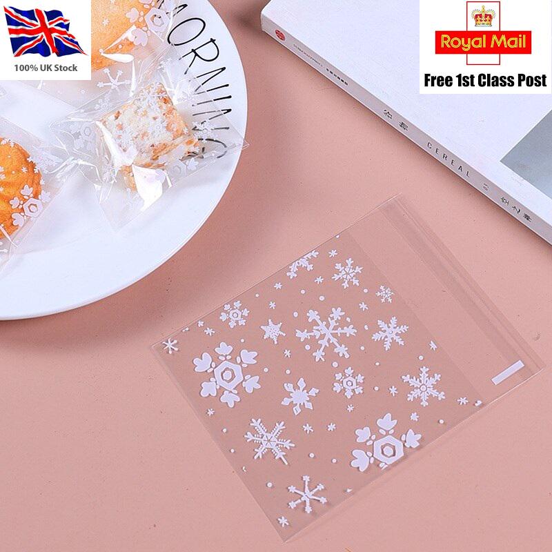 100x Snowflake Christmas Cookie Bags Peel 'n' Seal Clear