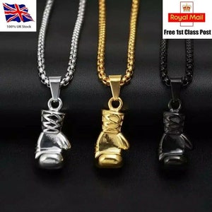 Boxing Glove Pendant Necklace Chain Steel Charm Silver Gold Rocky Gift UK