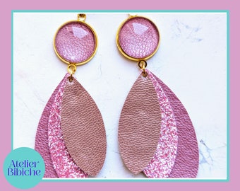 Boucles d'oreilles pétales cuir vegan paillettes rose or doré. Bijou eco resposable zero déchet . Bijou fait-main en France. Garantie 1 an