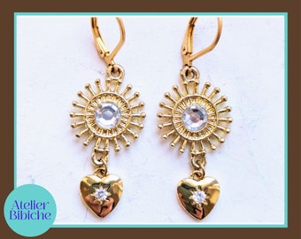 Boucles d'oreilles soleil strass et coeur strass. Bijou fait main dans mon atelier de Lyon. Bijou garantie 1 an