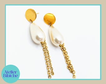 Dangling earrings with pearls and gold chain Earrings 1 year warranty
