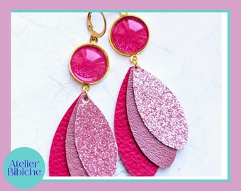 Boucles d'oreilles pétales cuir vegan paillettes rose fuschia magenta doré. Bijou eco resposable. Bijou  fait-main en France. Garantie 1 an