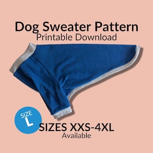 May include: A blue dog sweater pattern with a grey trim. The pattern is available in sizes XXS-4XL. The text "SIZE L" is visible in a circle.