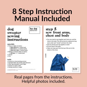 May include: Two pages of sewing instructions for a dog sweater. The first page lists materials and tools needed for the project. The second page shows a step-by-step guide on how to sew the front arms, chest, and body of the sweater. The instructions include helpful photos and are from Hey Dog Patterns.