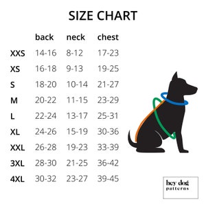 May include: Size chart for dog harnesses, showing measurements in inches for back, neck, and chest. The chart includes sizes from XXS to 4XL. A black silhouette of a dog wearing a harness is shown on the right side of the chart.