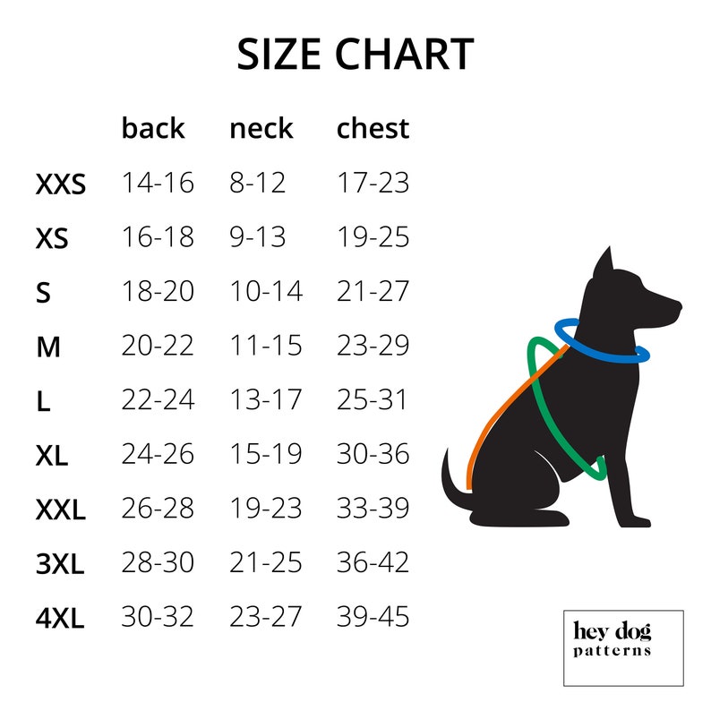 May include: Size chart for dog harnesses, showing measurements in inches for back, neck, and chest. The chart includes sizes from XXS to 4XL. A black silhouette of a dog wearing a harness is shown on the right side of the chart.