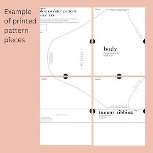 May include: Printable dog sweater pattern in size XXS. The pattern includes two pieces: body and tummy ribbing. The pattern is designed to be printed on regular US letter sized 8.5x11" paper. The pattern includes instructions to ensure the printed size is accurate.