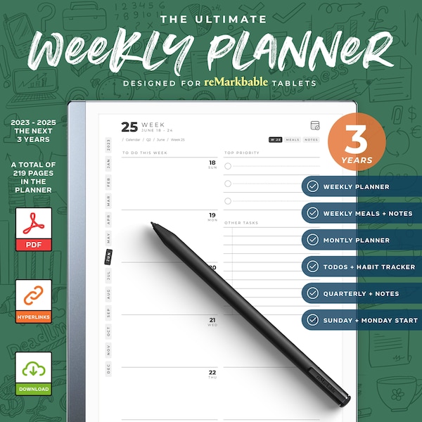 reMarkable 2 Weekly Planner 2025 to 2027 | 2024 Free included | reMarkable 2 Templates