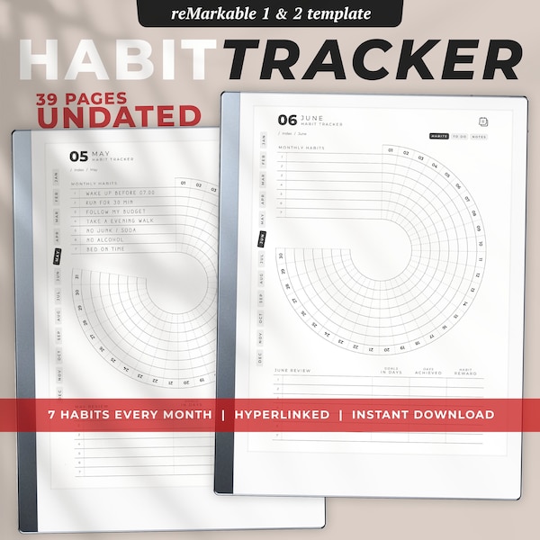 ¡Mejor vendido! Plantillas reMarkable / reMarkable 2 de Habit Tracker sin fecha
