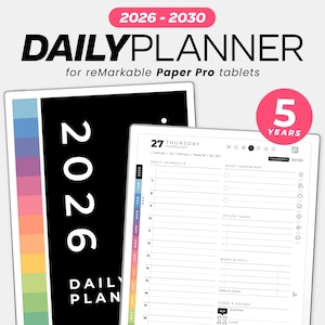 Op de afbeelding: Een digitale dagplanner voor reMarkable Paper Pro tablets, van 2026 tot 2030. Het ontwerp is overwegend zwart-wit, met kleurrijke accenten. Een roze cirkel toont "5 YEARS". De planner bevat een dagschema, notities en taaksecties.