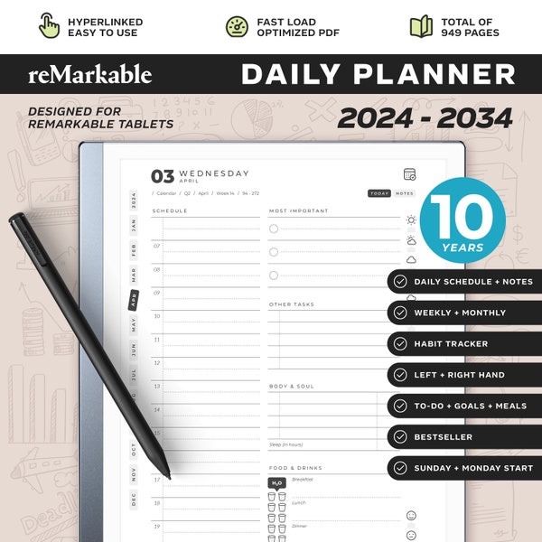 Agenda quotidien remarquable 2025 à 2034 | 2024 ajouté gratuitement | Modèles reMarkable 2 | 949 pages | Quotidien, hebdomadaire, mensuel, trimestriel