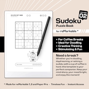 May include: A digital Sudoku puzzle book for reMarkable tablets. The image shows a tablet displaying a Sudoku grid with a stylus. Text on the right side reads "Sudoku Puzzle Book" and "For Coffee Breaks". The volume number is 02.