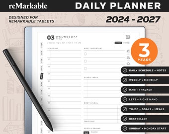 reMarkable Daily Planner 2025 to 2027 | 2024 Added for Free | Besteseller reMarkable 2 Templates | 3 Years Daily Planner | 949 Pages