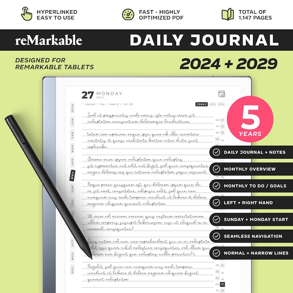 reMarkable 2 Journal 2025 to 2029 | 2024 Free Included | reMarkable 2 Templates | Calendar | Notes | Diary