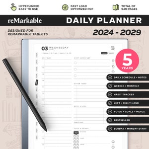 5 Years reMarkable Daily Planner 2024 to 2029 | reMarkable 2 Templates | Monthly, Quarterly + Weekly | Bestseller