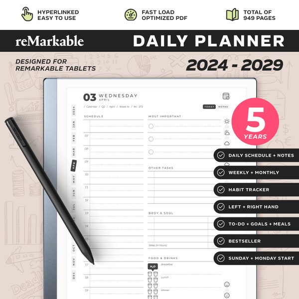 Wow! 5 Years reMarkable Daily Planner 2024 to 2029 | reMarkable 2 Templates | Monthly, Quarterly + Weekly | Bestseller