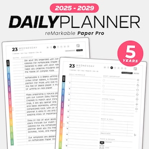 Può includere: Un'agenda digitale per reMarkable Paper Pro, per gli anni 2025-2029. Include un programma giornaliero, note e sezioni per compiti e benessere. Il design presenta il testo "DAILYPLANNER" e una grafica "5 YEARS".