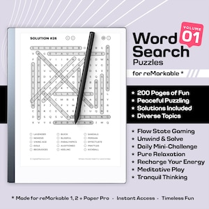 Relax with a cup of coffee and a Word Search puzzle on your reMarkable 1, 2 and Paper Pro. Volume 01 – Puzzle Fun Awaits!