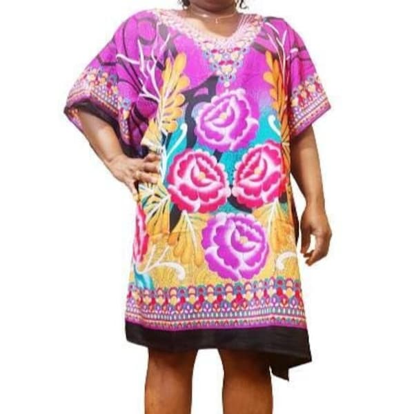 Short Kaftan Dress, Summer Wear, Floral Silk Kaftan